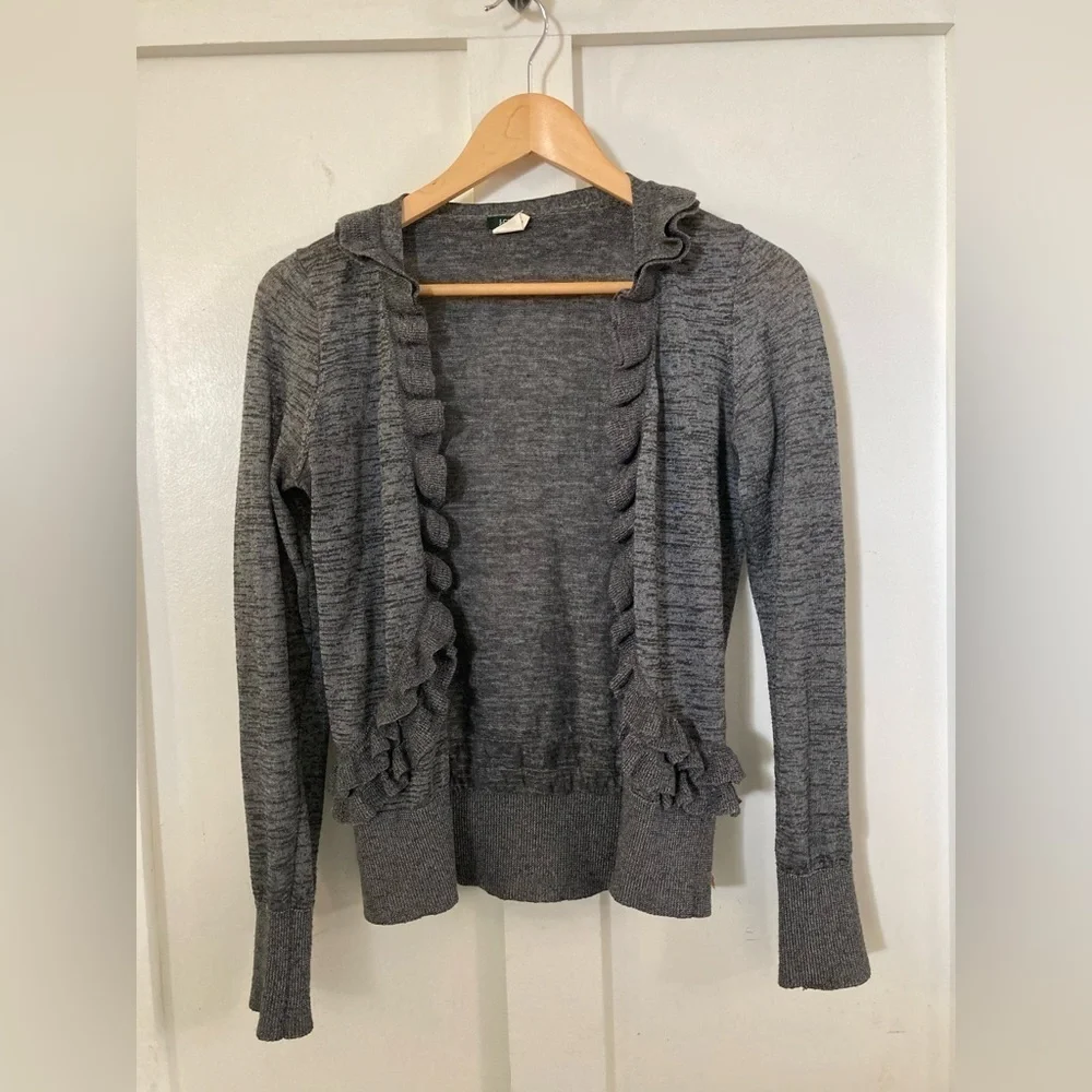 J crew gray ruffle cardigan poly/nylon/alpaca/merino wool blend Small